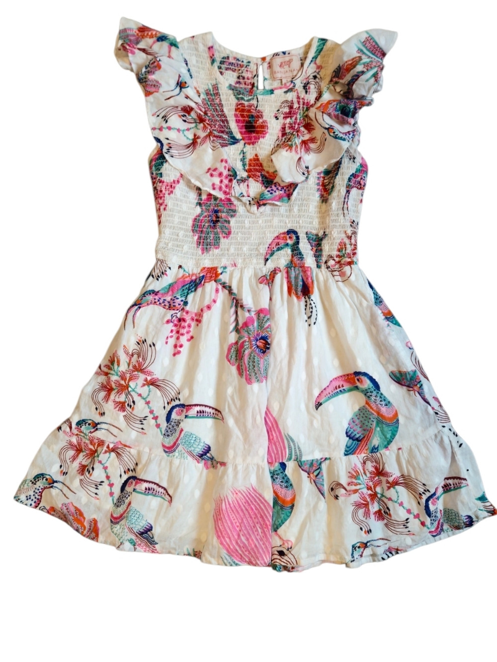 Banjanan Toucan Print Mini Ruffle Sleeve Ilona Bird Dress Cotton Boho Resort S - Picture 9 of 13